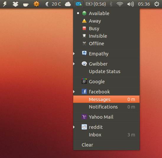 Ubuntu’s Messaging menu updates you on activity in all configured online accounts