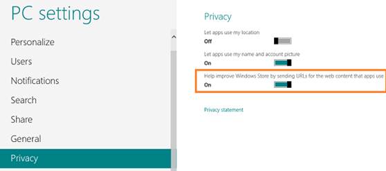 There’s also an option that’ll prevent Windows 8 from sending URLs for web content you view using apps downloaded via the Windows Store.