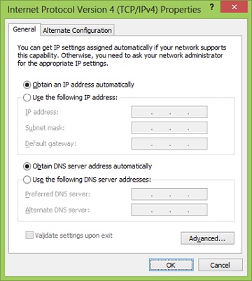 The default Windows 8 IP settings