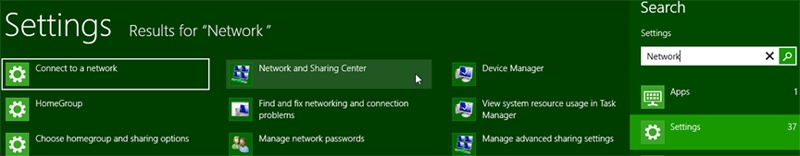 Finding settings related to the network by using the Start screen