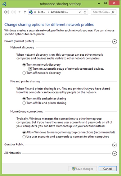 Advanced Sharing Settings for the Private network profile