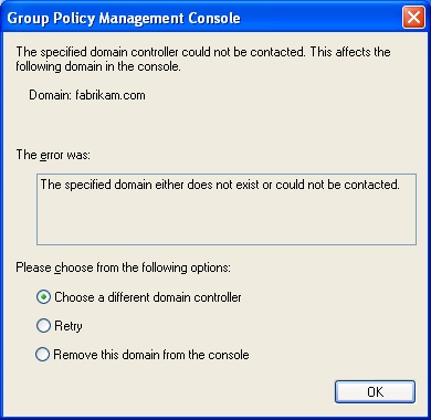 When the PDC emulator is not available for GPO editing, a dialog box prompts you to select a different domain controller.