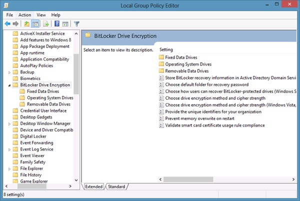 BitLocker configured by using policy settings to centralize management of the feature