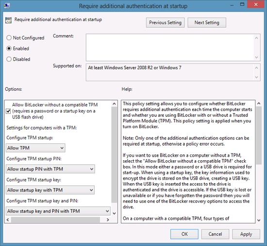 Configuring BitLocker to run on a device without TPM