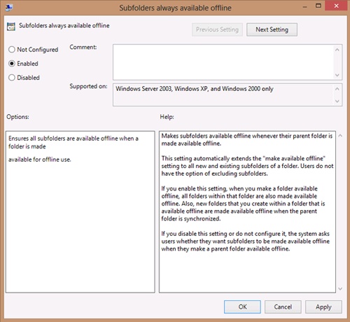Policy settings to ensure that subfolders of an offline folder are also available offline