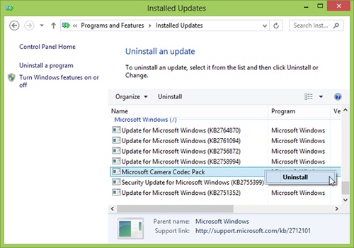 Uninstalling updates from Control Panel