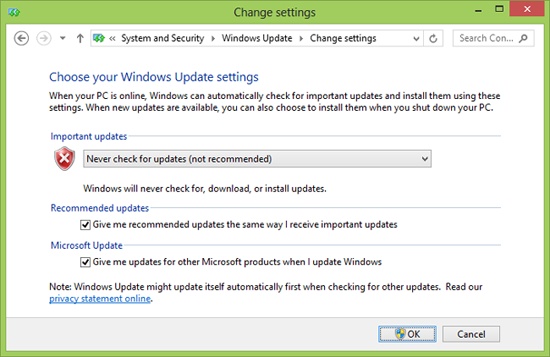 Changing Windows Update settings