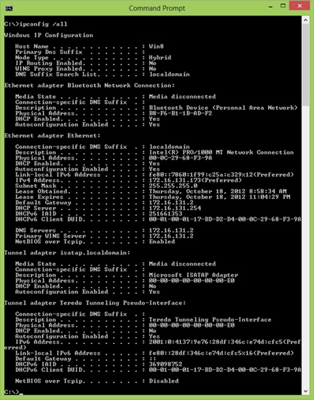 Using the command prompt to view network settings
