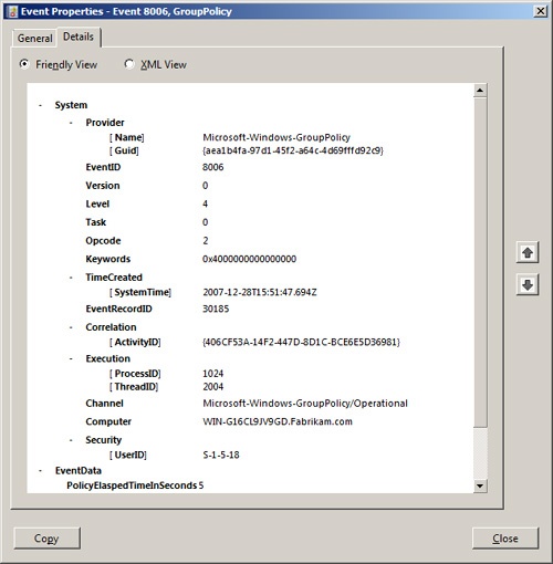 This figure shows the Details tab of a standard Group Policy event in Event Viewer.