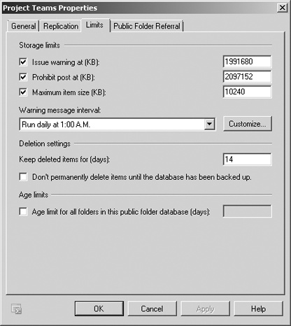 Use the Limits tab to set the storage limits, age limits, and deleted item retention for a public folder database.