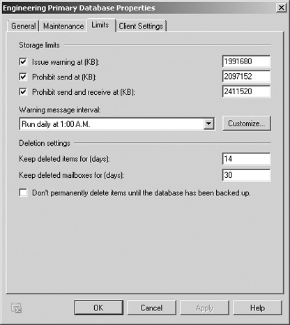 Use the Limits tab to set storage limits and deleted item retention for individual mailboxes and entire mailbox databases.