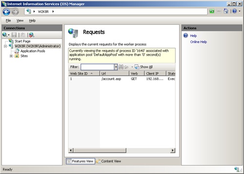 Viewing current requests by using IIS Manager.