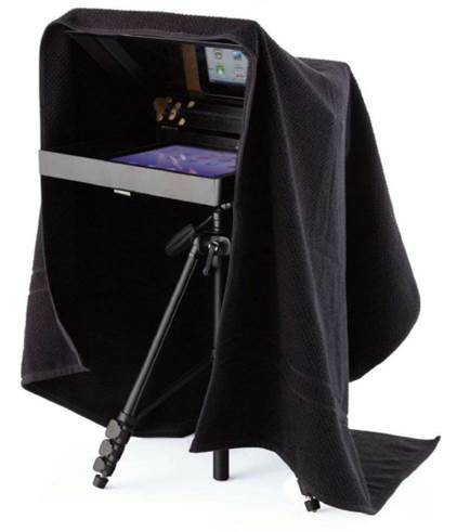 A teleprompter consists of a monitor, beam-splitting glass and a camera.