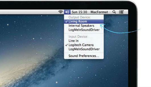 Click the volume icon in the mane bar to pick the system input and output devices