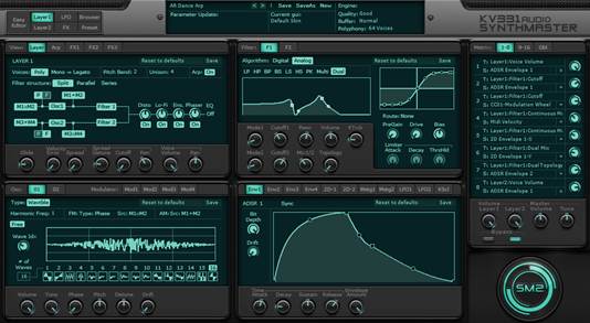 SynthMaster uses a multipage interface that’s functional rather than fancy, splitting the main screen into six pages (Layer 1, Layer, 2, LFO, FX, Browser and Preset)