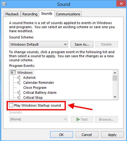 Click the Sounds tab, deselect the option ‘Olay Windows Startup sound’ below the ‘Program events’ list and click OK