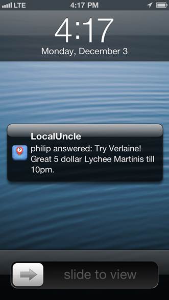  
Based around a simple concept, when entering a new city you simply ask the app a question and LocalUncle will identify other users in the same location as you (or, at least, in the vicinity) and ask them for an answer.
