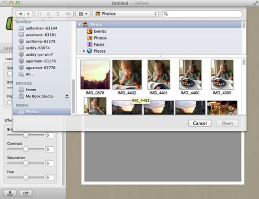 You can drag photos from iPhote or Aperture, or scroll all the way down in the open-file dialog for the Media browser.