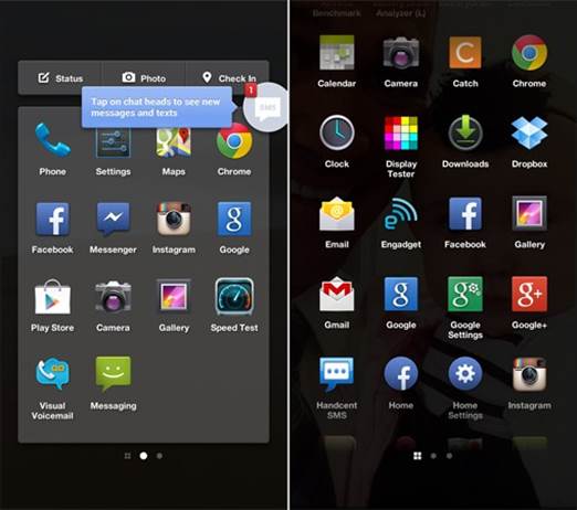 App launcher is a series of panels, each of which consists of a 4x4 grid of application icons in a small Holo-themed box.