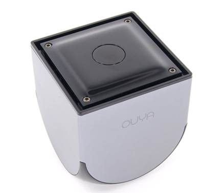 On the front of the console you will see the word "OUYA" embossed