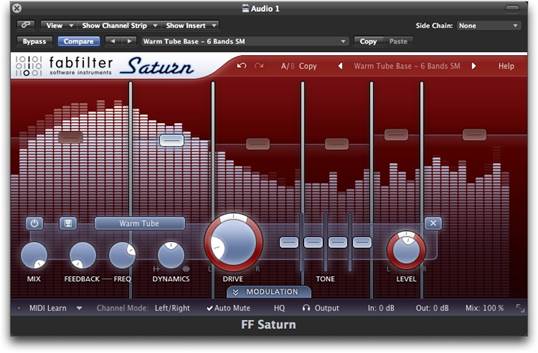 Saturn from FabFilter is a multiband saturation and distortion plugin with modulation, offering up to six bands