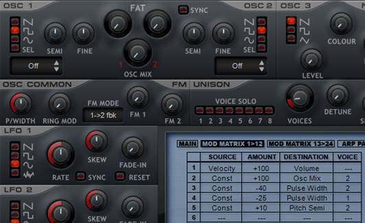 Click the Mod Matrix 1>12 button to bring up the modulation matrix, and set the source slot of the second row to LFO 1