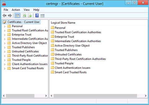 Certificate Manager displaying the certificate store for the current user