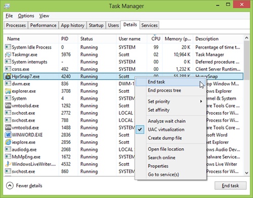 The Windows 8 Task Manager Details tab