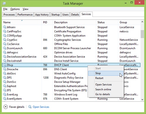 The Windows 8 Task Manager Services tab