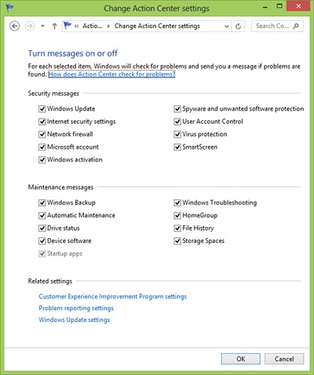 The Windows 8 Action Center settings