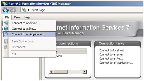 IIS Manager connection options.