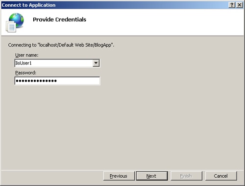 User credentials in the Connect To Application dialog box.