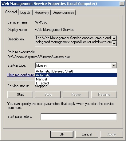 Web Management Service properties dialog box.