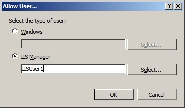 Allow User dialog box for IIS Manager users.