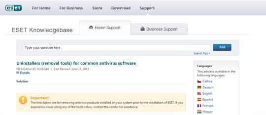 Uninstall ESET antivirus software