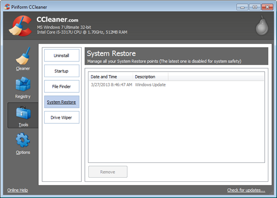 CCleaner System Restore