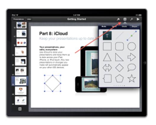 Keynote in iOS encourages a more visual approach to presentations.