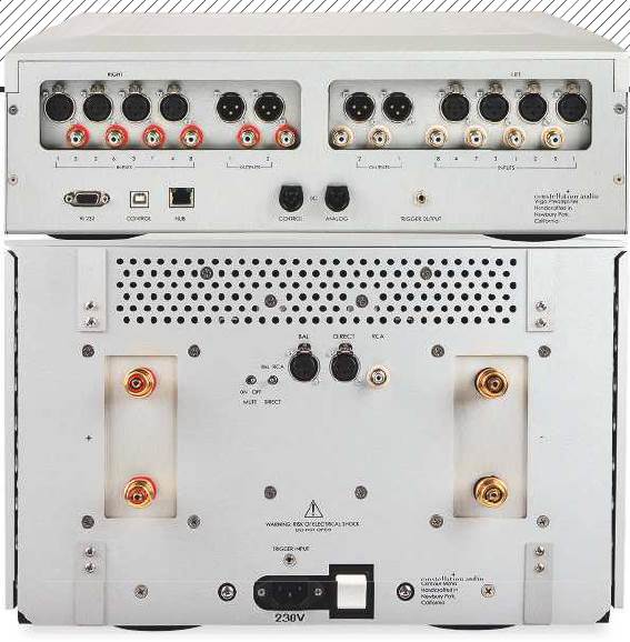  
Constellation's Virgo preamp [top] offers four sets of balanced (XLR) and single-ended (RCA) ins with pairs of XLR/RCA outs. The network and USB ports are for control / updates, the other multipin sockets connect to the outboard P5U.111e Centaur [bottom] has parallel 4mm speaker outlets, RCA and low/normal gain XLR ins.
