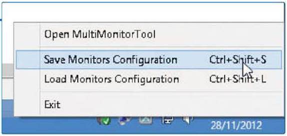 Arrange program windows to your liking, then right-click the Multi Monitor Tool icon in the Notification Area and choose Save Monitors Configuration, or use the keyboard shortcut Control (Ctrl), Shift and S