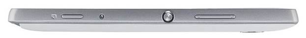 A two-stage camera button near the bottom, a volume rocker nearer the top and a machined-aluminum power key in the middle