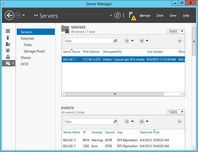 The File And Storage Services page displays an additional hierarchy of pages for managing Windows Server 2012 file servers.
