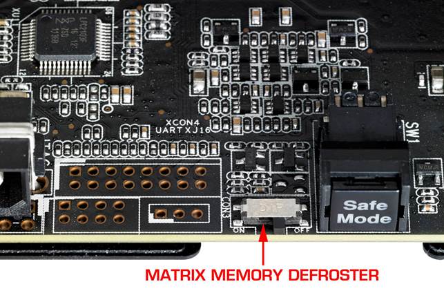 The safe Mode switch, Molex connector, Memory defroster and voltage read points are found at the end of the PCB