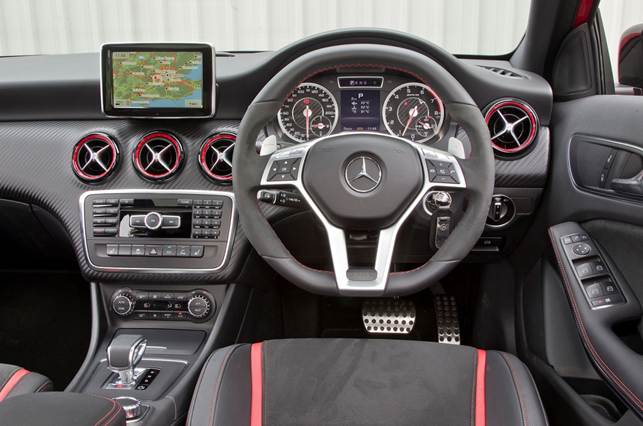 The black dials with carbon fibre-effect inserts are one of the A45's distinguishing features