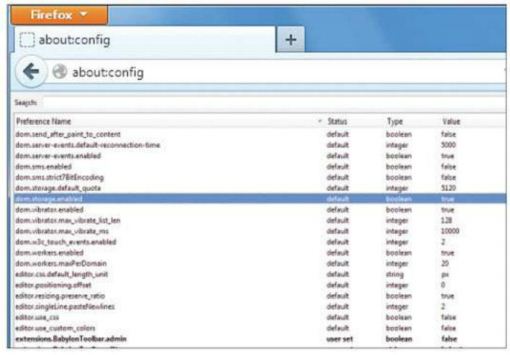 In Firefox, you can deactivate data storage (DOM storage) in the ‘about:config” settings by double-clicking