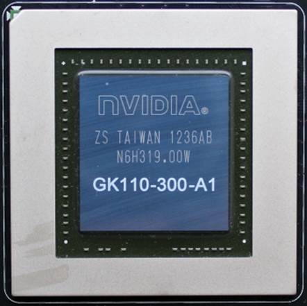 The GPU die is 561 sq. mm large and marked as GK110-300-A1