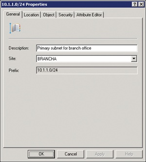 The Properties dialog box for a subnet