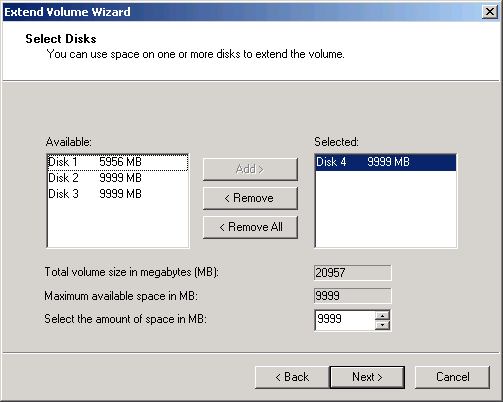 The Select Disks page from the Extend Volume Wizard.