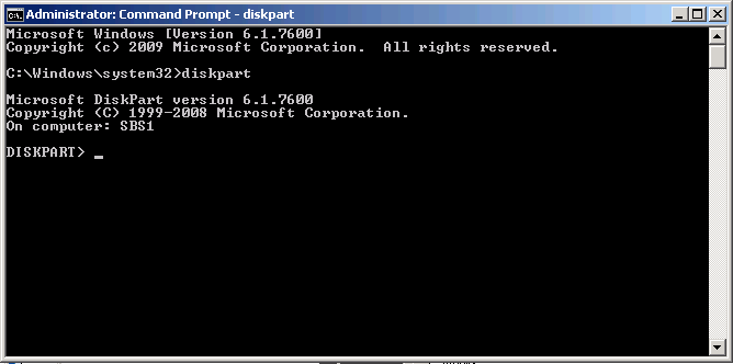 The DISKPART> prompt generated by Diskpart.exe in interactive mode.