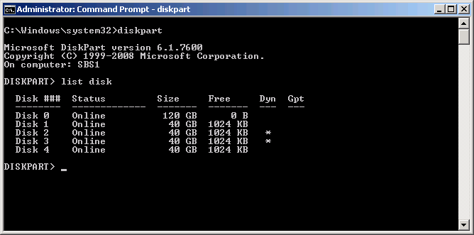Output of the Diskpart.exe list disk command.
