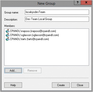 The New Group dialog box enables you to add a new local group to a workstation running Windows 8.